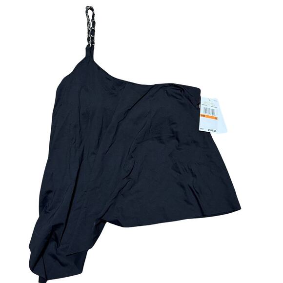 MICHAEL KORS Chain Trim One Shoulder Tankini Top Swim Asymmetric Black NWT Small - Picture 2 of 5